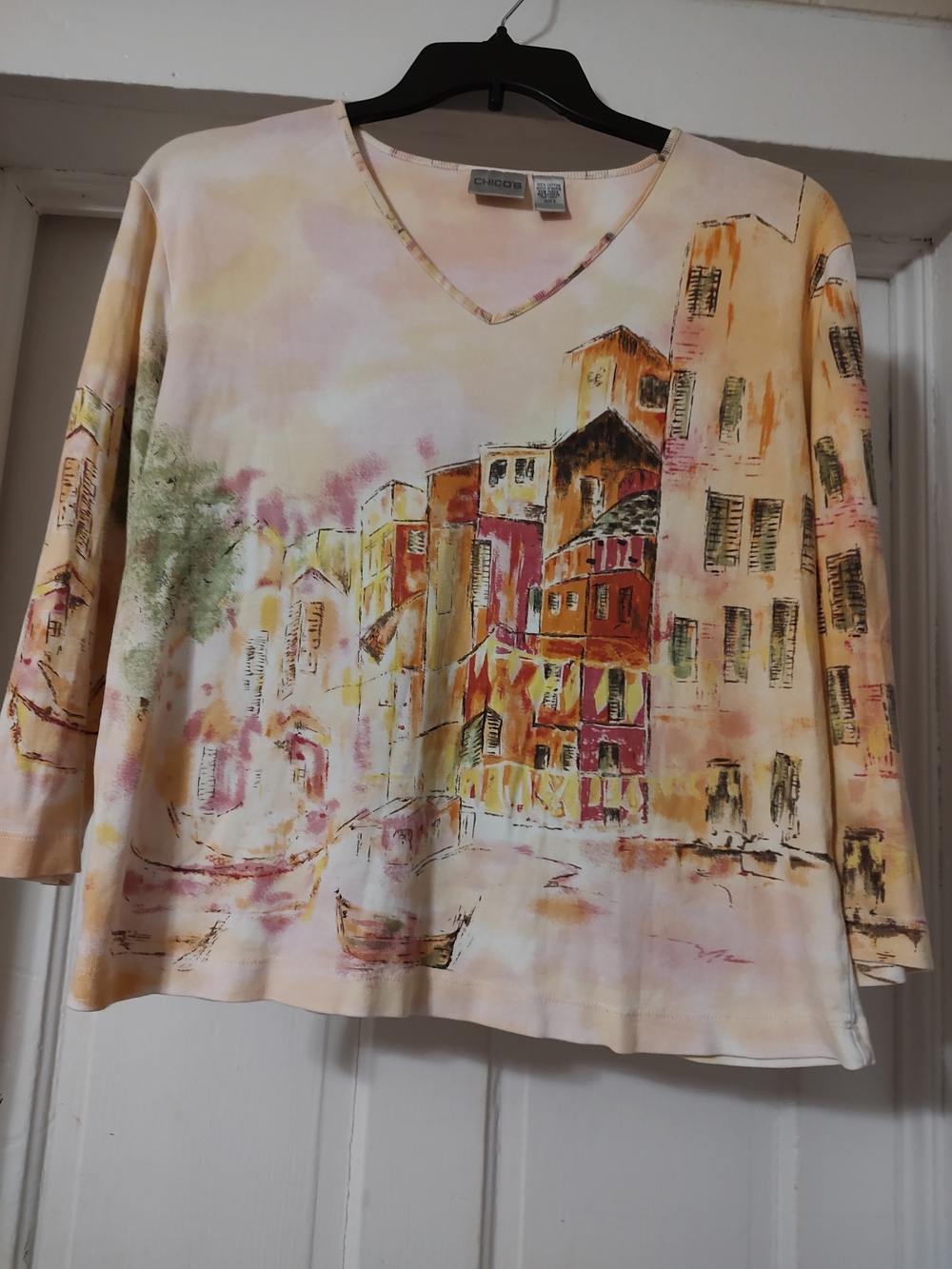 Chico's Pastel Watercolor V-Neck Art Print Top - Peach